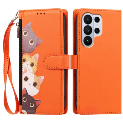  For Samsung Galaxy S26 Ultra Case Cute Cat Pattern PU Leather Flip Wallet Phone Cover with Wrist Strap - Orange