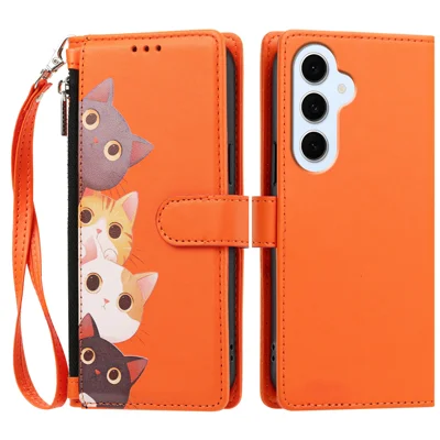  For Samsung Galaxy S25 FE / Galaxy S26 FE Case Cute Cat Pattern PU Leather Flip Wallet Phone Cover with Wrist Strap - Orange