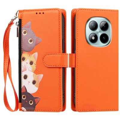  For Xiaomi Poco M8 Pro 5G / Xiaomi Redmi Note 15 Pro+ 5G (Global) Case Cute Cat Pattern PU Leather Flip Wallet Phone Cover with Wrist Strap - Orange