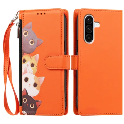  For Samsung Galaxy A57 5G Case Cute Cat Pattern PU Leather Flip Wallet Phone Cover with Wrist Strap - Orange