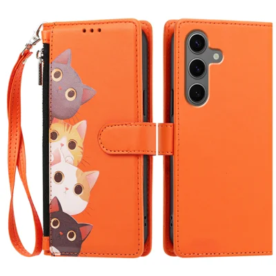  For Samsung Galaxy S24+ / Galaxy S25+ Case Cute Cat Pattern PU Leather Flip Wallet Phone Cover with Wrist Strap - Orange