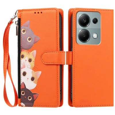 Voor Xiaomi Redmi 17 5G / Xiaomi Redmi 17 4G Hoesje Schattig Kattenmotief PU Leer Flip Portemonnee Telefoonhoesje met Polsbandje - Oranje