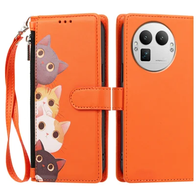  For Realme GT 8 Pro 5G Case Cute Cat Pattern PU Leather Flip Wallet Phone Cover with Wrist Strap - Orange