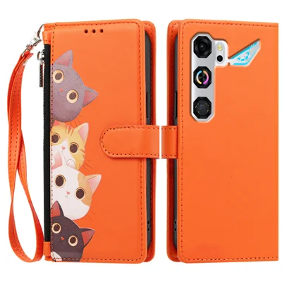 Capa para Telemóvel ZTE nubia Neo 5 GT 5G com Estampa de Gatinho Fofo, Capa Carteira Dobrável em PU Couro com Alça de Pulso - Laranja