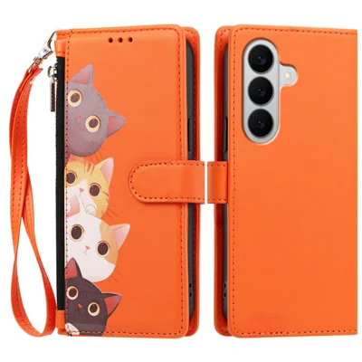  For Samsung Galaxy A27 5G Case Cute Cat Pattern PU Leather Flip Wallet Phone Cover with Wrist Strap - Orange