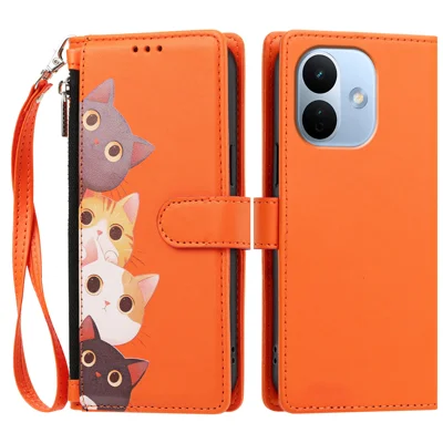 Capa para Xiaomi Redmi Note 17 Pro 5G com Estampa de Gatinho Fofo, Capa Carteira Dobrável em Couro PU com Pulseira - Laranja