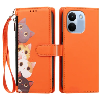  For Xiaomi Redmi Note 17 Pro Max 5G / Xiaomi Redmi Note 17 Pro+ 5G Case Cute Cat Pattern PU Leather Flip Wallet Phone Cover with Wrist Strap - Orange