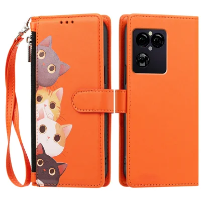 Funda para Sony Xperia 1 VIII con diseño de gato bonito, carcasa abatible de cuero PU con billetera y correa de mano - Naranja