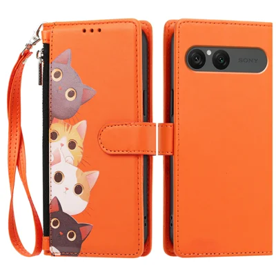  For Sony Xperia 10 VII / Sony Xperia 10 VIII Case Cute Cat Pattern PU Leather Flip Wallet Phone Cover with Wrist Strap - Orange