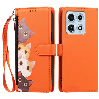  For Motorola Edge 70 Max 5G Case Cute Cat Pattern PU Leather Flip Wallet Phone Cover with Wrist Strap - Orange