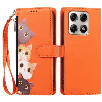 Für Motorola Edge 70 Pro+ 5G / Motorola Edge 70 Pro 5G Hülle niedliches Katzenmuster PU-Leder Klappe Mappenhülle mit Handschlaufe - Orange
