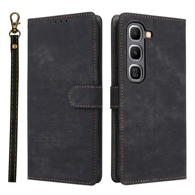 Coque portefeuille pour Infinix Hot 70 Pro 5G, coque en cuir PU avec fonction RFID, support intégré et sangle - Noir