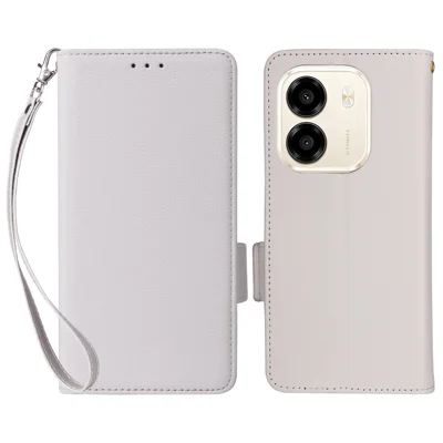 Funda para Honor X6e 4G, Funda tipo cartera de cuero con textura de lichi y correa de muñeca - Blanco
