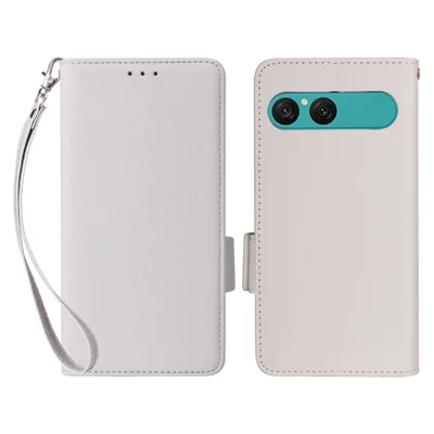 Cover per Sony Xperia 10 VIII con Portafoglio in Pelle Effetto Litchi con Cinturino da Polso - Bianco