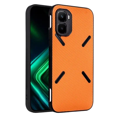 Coque pour Infinix GT 50 Pro 5G, texture fibre de carbone, revêtement en cuir, protection TPU/PC avec anneau métallique pour support magnétique de voiture - Orange