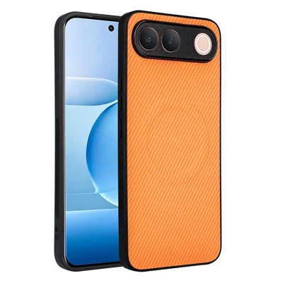 For vivo S2 5G  /  X80 Lite 5G Case Carbon Fiber Texture Leather Coated TPU PC Phone Cover with Metal Ring for Magnetic Car Mount - Orange