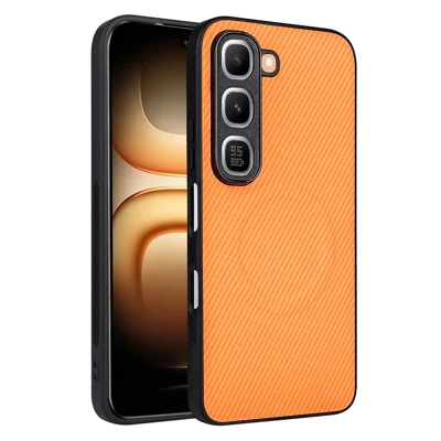 غطاء هاتف For Infinix Hot 70 Pro 5G من ألياف الكربون بتصميم مزود بحلقة معدنية لتركيب مغناطيسي للسيارة - برتقالي