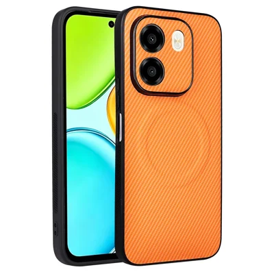 Funda para Honor X6e 4G, carcasa de textura de fibra de carbono con recubrimiento de cuero PU, marco de TPU y PC con anillo metálico para soporte magnético de coche - Naranja