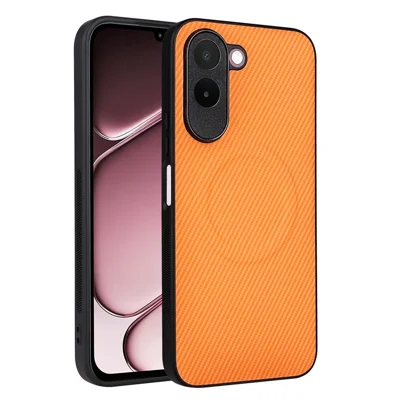 Voor OnePlus N6x 4G hoesje Koolstofvezelstructuur Leercoating TPU PC telefoonhoesje met metalen ring voor magnetische autohouder - Oranje