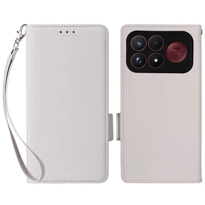 Чехол для Xiaomi Poco F9 Ultra 5G / Redmi K100 Pro Max 5G с текстурой личи, кошелек, кожаный чехол для телефона с ремешком на запястье — белый