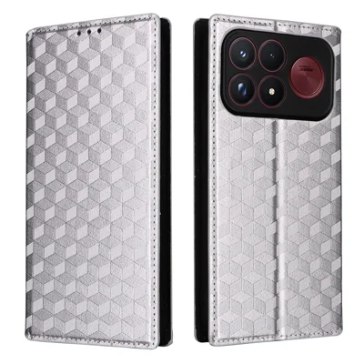 Étui portefeuille pour Xiaomi Poco F9 Ultra 5G / Redmi K100 Pro Max 5G, housse en cuir PU avec motif losange imprimé - Argent