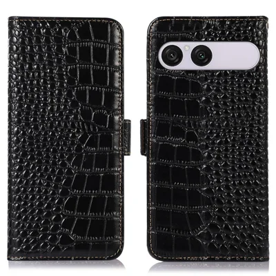 Etui na Sony Xperia 10 VIII, etui portfelik z blokadą RFID, tekstura krokodyla, skóra naturalna, pokrowiec na telefon - czarny
