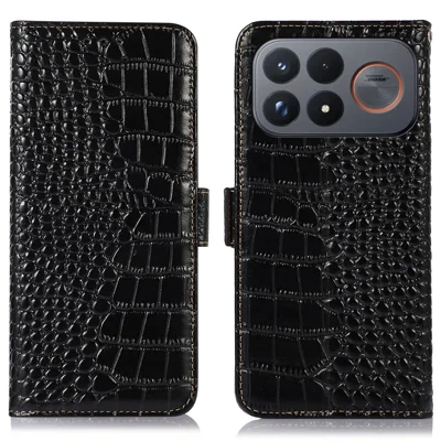 Coque pour Xiaomi Redmi K100 Pro Max 5G / Poco F9 Ultra 5G, Portefeuille avec Blocage RFID, Texture Crocodile, Cuir Véritable de Vache, Noir
