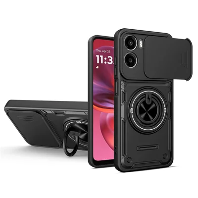 For Motorola Moto G05 4G / E15 4G Magnetic Case Sliding Camera Cover TPU+PC Phone Cover with Rotating Kickstand - Black