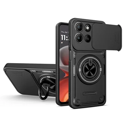 Magnetic Case For Motorola Moto G17 4G / G17 Power 4G / G15 4G / G15 Power 4G , Sliding Camera Cover TPU+PC Phone Cover with Rotating Kickstand - Black