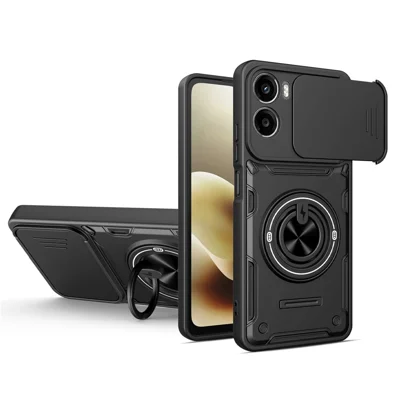 Funda magnética para Motorola Moto G06 4G / G06 Power 4G con tapa deslizante para cámara, carcasa de teléfono TPU+PC con soporte giratorio - Negro