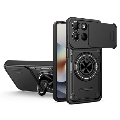 For Motorola Moto G56 5G Magnetic Case Sliding Camera Cover TPU+PC Phone Cover with Rotating Kickstand - Black
