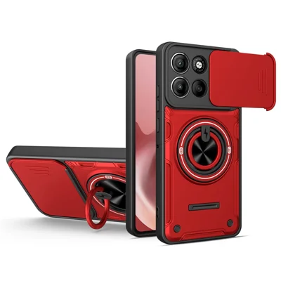 For Motorola Moto G86 5G Magnetic Case Sliding Camera Cover TPU+PC Phone Cover with Rotating Kickstand - Red
