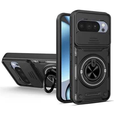 For Google Pixel 10 / Pixel 10 Pro Magnetic Case Sliding Camera Cover TPU+PC Phone Cover with Rotating Kickstand - Black