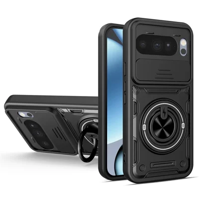 For Google Pixel 10 Pro XL Magnetic Case Sliding Camera Cover TPU+PC Phone Cover with Rotating Kickstand - Black