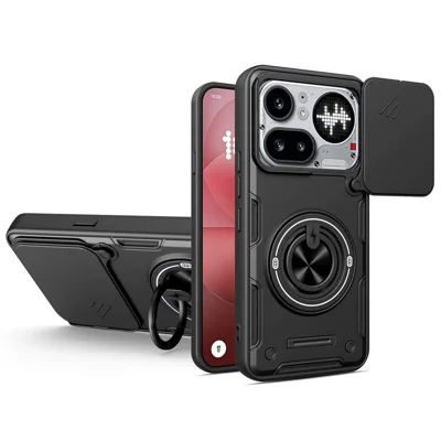 For Nothing Phone (4a) Pro Magnetic Case Sliding Camera Cover TPU+PC Phone Cover with Rotating Kickstand - Black