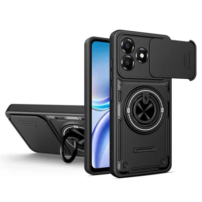 Capa Magnética para ZTE Blade A36 com Tampa de Câmara Deslizante, Capa de Telemóvel TPU+PC com Suporte Giratório - Preto