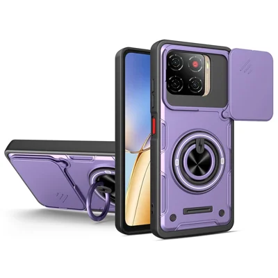 Capa Magnética para ZTE Blade A56 com Tampa de Câmara Deslizante TPU+PC com Suporte Giratório - Roxo