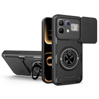 حالة مغناطيسية لهاتف Infinix Note 60 5G / Note 60 Pro 5G مع غطاء كاميرا منزلق وغطاء هاتف TPU+PC مع حامل قابل للدوران - أسود