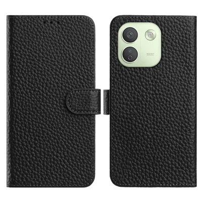 Til Xiaomi Redmi Note 17 Pro Max 5G / Xiaomi Redmi Note 17 Pro+ 5G Taske Ståplads Litchi-struktur Ægte Kuelskind Flip Telefondækning - Sort