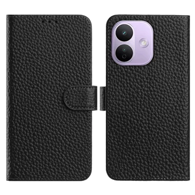  For Xiaomi Redmi Note 17 Pro 5G Case Wallet Stand Litchi Texture Genuine Cow Leather Flip Phone Cover - Black