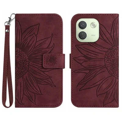  For Xiaomi Redmi Note 17 Pro Max 5G / Xiaomi Redmi Note 17 Pro+ 5G Case Sunflower Imprint Leather Wallet Phone Cover with Wrist Strap - Wine Red