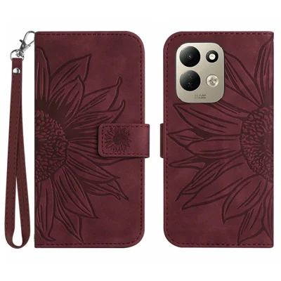 Voor Xiaomi Redmi 17 5G / Xiaomi Redmi 17 4G hoesje met zonnebloemprint lederen portemonnee telefoonhoes met polsbandje - Wijnrood