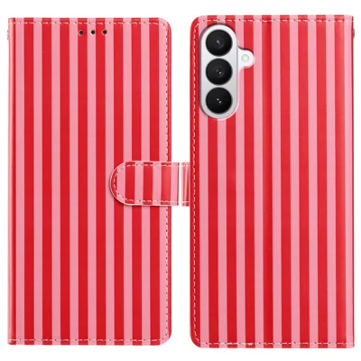 Cover per Samsung Galaxy S27 con Portafoglio, Design Vintage a Righe, in Pelle con Supporto e Cinturino da Polso - Rosso