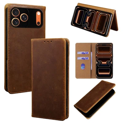 For iPhone 17 Pro Max Case Crazy Horse Texture Genuine Cow Leather RFID Blocking Wallet Phone Cover - Dark Brown