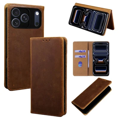 Etui na iPhone 17 Pro ze skóry naturalnej Crazy Horse z portfelem i blokadą RFID – ciemny brąz
