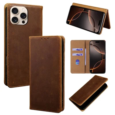 Cover per iPhone 16 Pro con Portafoglio in Vera Pelle di Vacchetta Crazy Horse con Protezione RFID - Marrone Scuro
