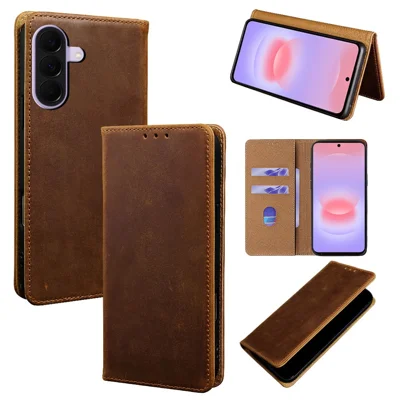For Samsung Galaxy A27 5G Case Crazy Horse Texture Genuine Cow Leather RFID Blocking Wallet Phone Cover - Dark Brown
