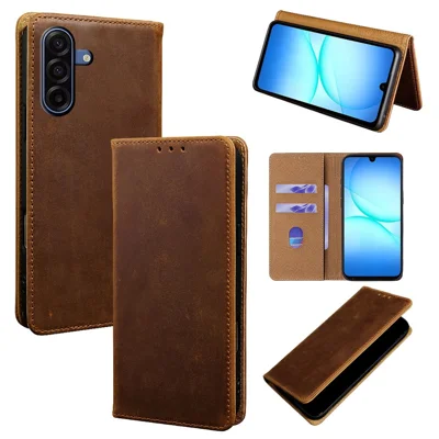 For Samsung Galaxy A17 5G / A17 4G Case Crazy Horse Texture Genuine Cow Leather RFID Blocking Wallet Phone Cover - Dark Brown