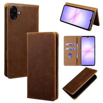 For Samsung Galaxy A07 4G / A07 5G Case Crazy Horse Texture Genuine Cow Leather RFID Blocking Wallet Phone Cover - Dark Brown