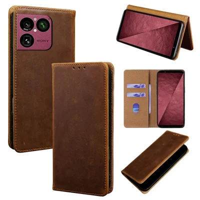 Funda para Sony Xperia 1 VIII, funda tipo cartera de cuero vacuno auténtico con textura caballo salvaje, bloqueo RFID, color marrón oscuro